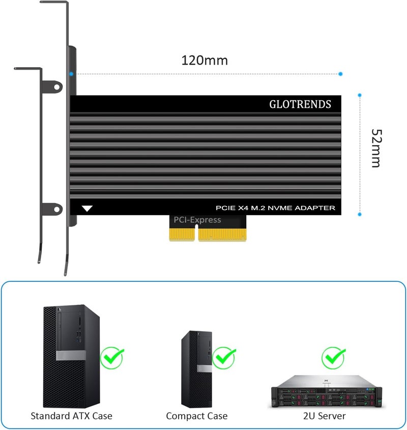 GLOTRENDS محول PA15 M.2 NVMe إلى PCIe 4.0 X4 لـ M.2 NVMe SSD، مبرد ألمنيوم كبير جداً، حامل عادي ومنخفض (أسود) - Image 4